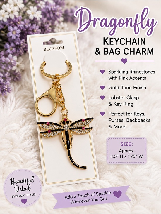Blossom Accessories - Black Gold-Tone Dragonfly Keychain with Pink and Black Accents